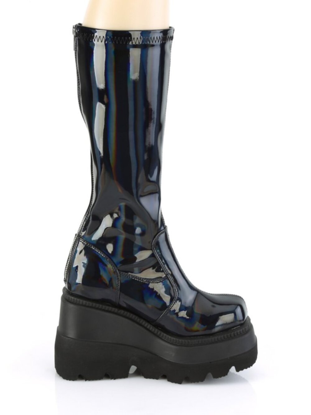 Stretch Black Pat Holo Wedge Platform Stretch Knee High Boots